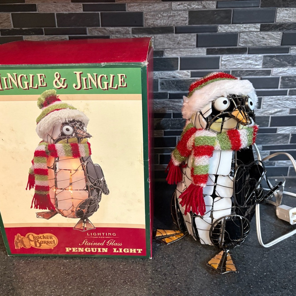 Vintage Cracker Barrel Festive Penguin Light with Red and Green scarf